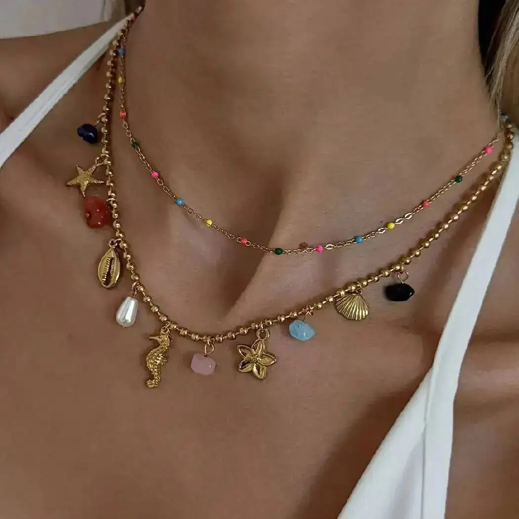 

KunJoe Stainless Steel Doublelayer Gold Color Beaded Necklace Women Creative Seahorse Scallop Pendant Choker Jewelry Accessory