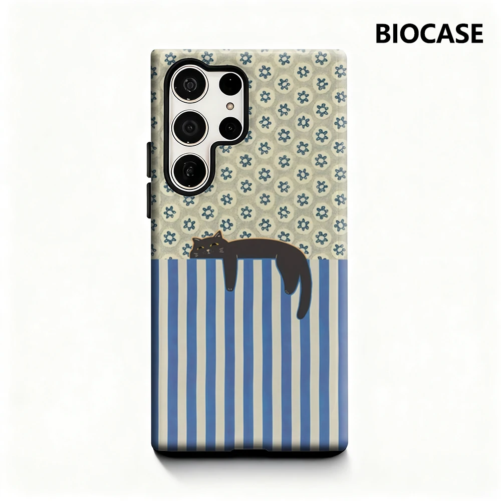 Katze mit blauen und weißen Streifen Handyhülle für Samsung Galaxy S25 Ultra S24 S23 Ultra Plus Glänzende doppellagige Rückseite