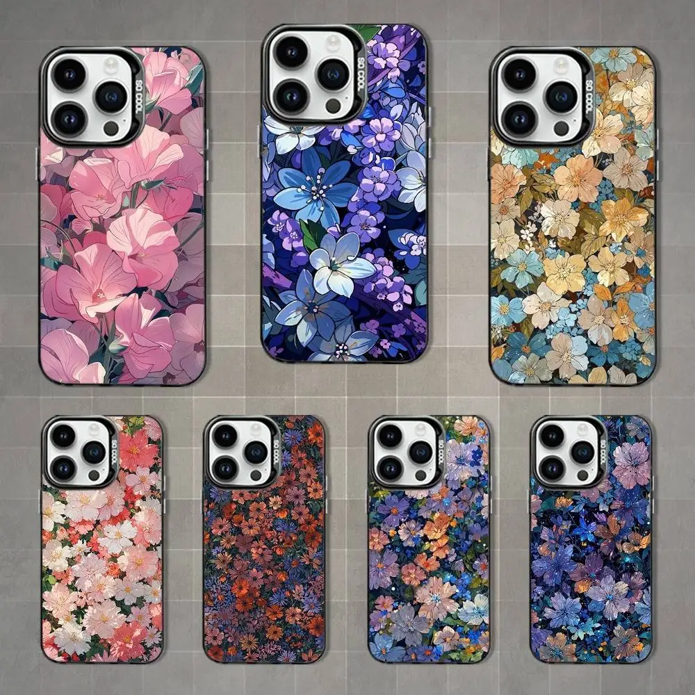 حافظة هاتف فنية مطلية بالزهور لهاتف آيفون 17,16,15,14,13,12,11,Mini,Pro,MAX,XS غطاء أسود غير لامع مقاوم للصدمات #1