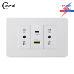 Coswall-Tomada de Parede Branca, Dual USB Tipo-C, PD 3.0, Carregamento Rápido de 20W, Padrão Italiano e Chile, Painel PC Série 118, 16A