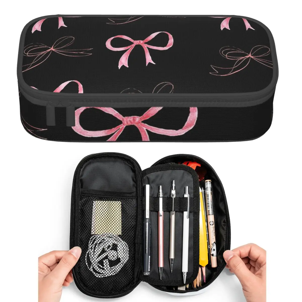 

Pink Bow In Blackground Pattern Pencil Cases for Student Pen Box Pencil Bag Large Capacity Pencil Pouch Pen Holder