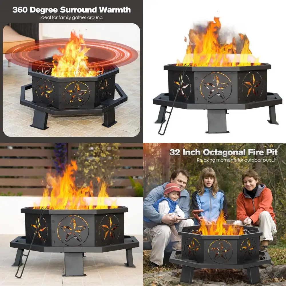 

32 Octagonal Wood-Burning Outdoor Fire Pit with Poker for Bonfires, Camping, Backyard, Garden, Patio