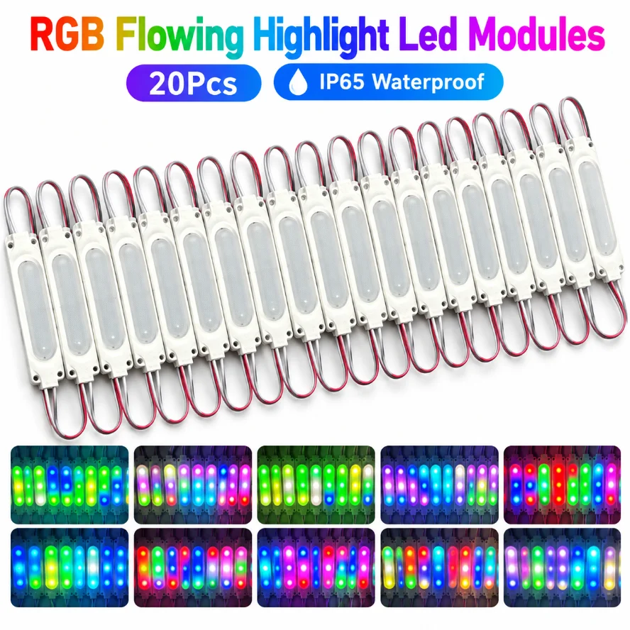 20Pcs 12V RGB Flowing Highlight LED Module IP65 Waterproof Full Color Running Light Module for Advertising Sign Backlight Decor