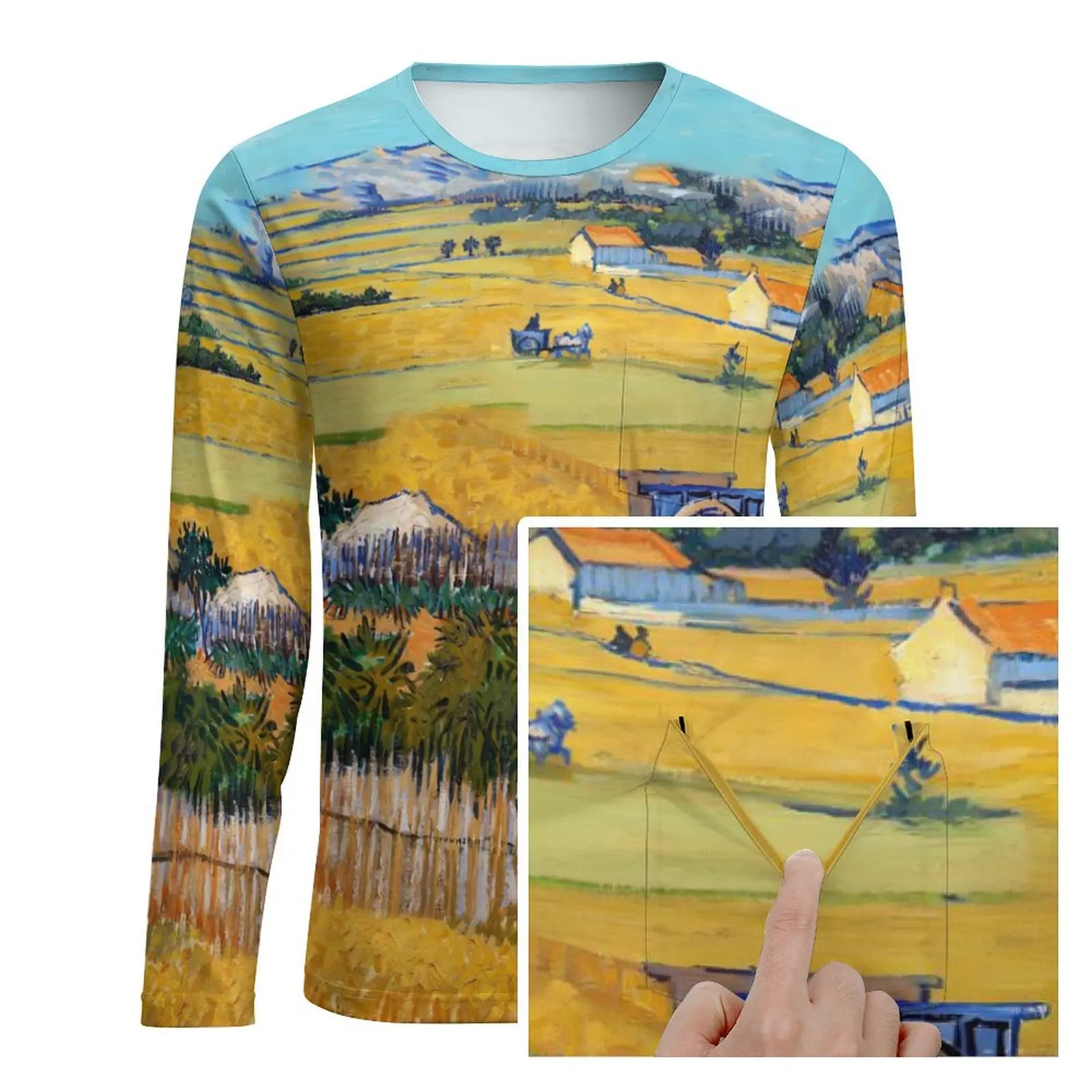 Vincent Van Gogh T-Shirt With Pocket Harvest at La Crau Trendy T-Shirts Mens Aesthetic Tee Shirt Long Sleeve Tops Big Size 5XL