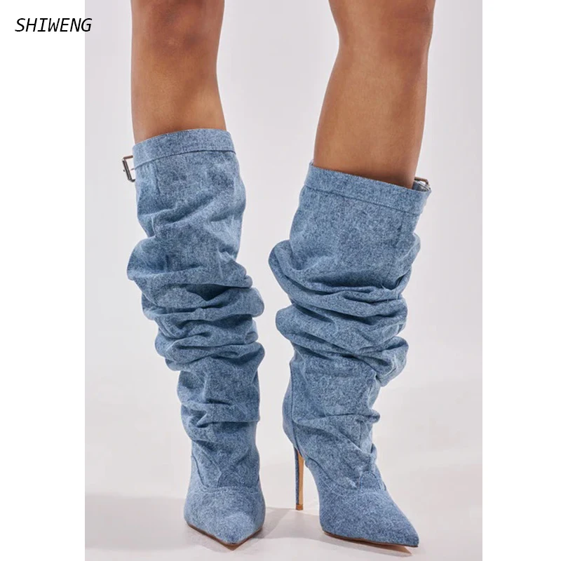 Women Blue Denim Ruched Slouchy Knee High Boots Pointed Toe Stiletto Heel Back Buckle Streetwear Cowboy Dress Boots Plus Size 44