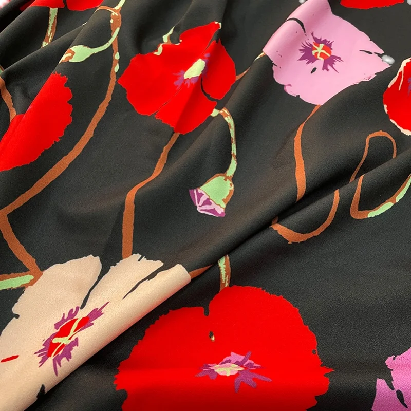 Europe and America Fashon Black Back Big Flower Printed Elastic Polyester Fabric For Woman Dress Blouse DIY Cloth Sewing