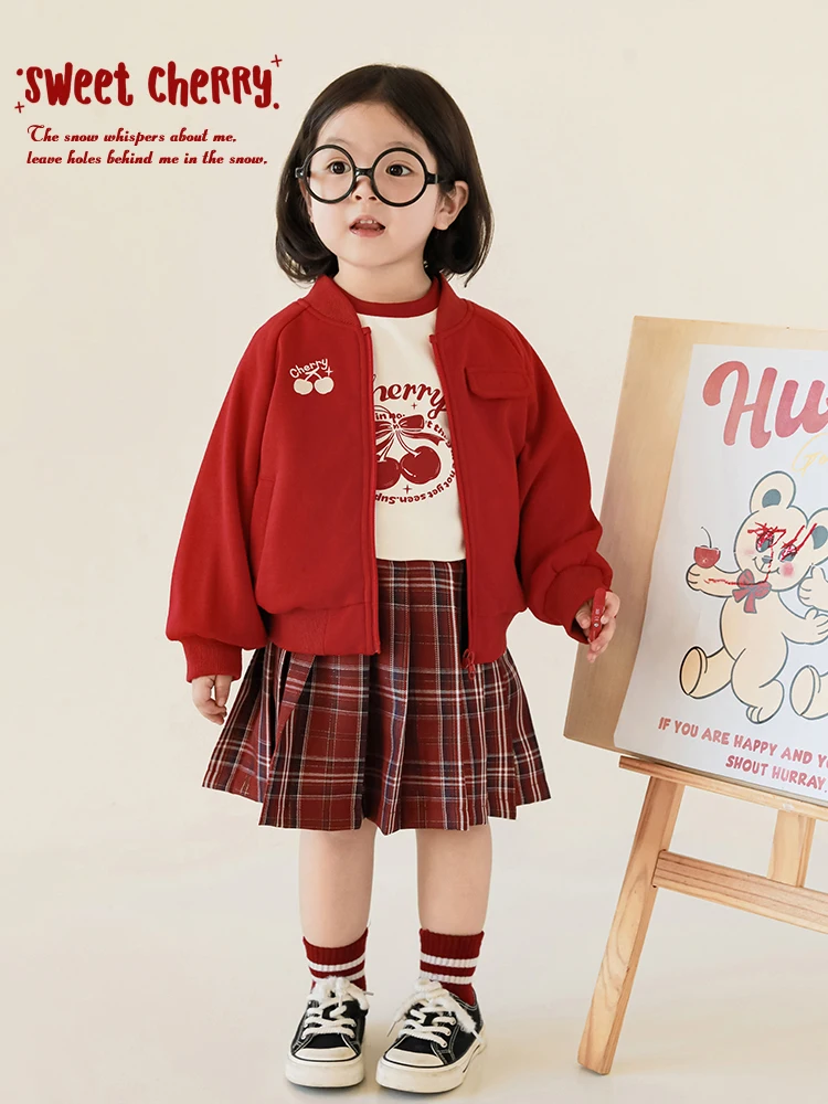 Girl's Cherry Coat Spring Children's Sweet Playful Raglan Sleeve Jacket