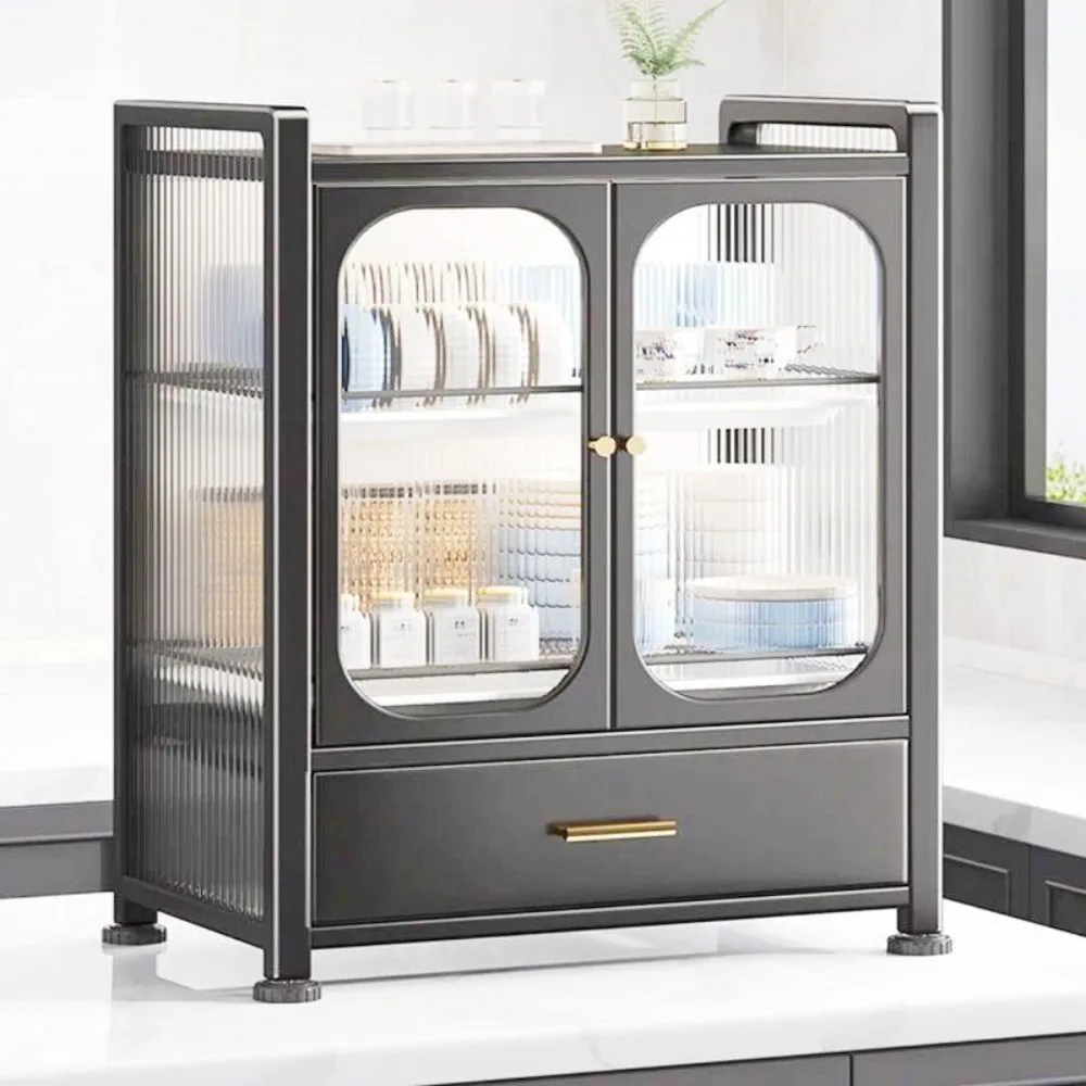 สีเทา 3 ชั้นเหล็กจานแห้งสําหรับเคาน์เตอร์ครัว,Drainer Rack เคาน์เตอร์ครัวผู้ถือภาชนะ W/ลิ้นชักจานตู้