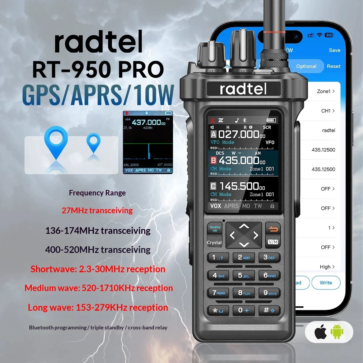 Radtel RT-950 Pro Black AM/FM/CW Aviation Band Receiver Portable Handheld Two Way Radio