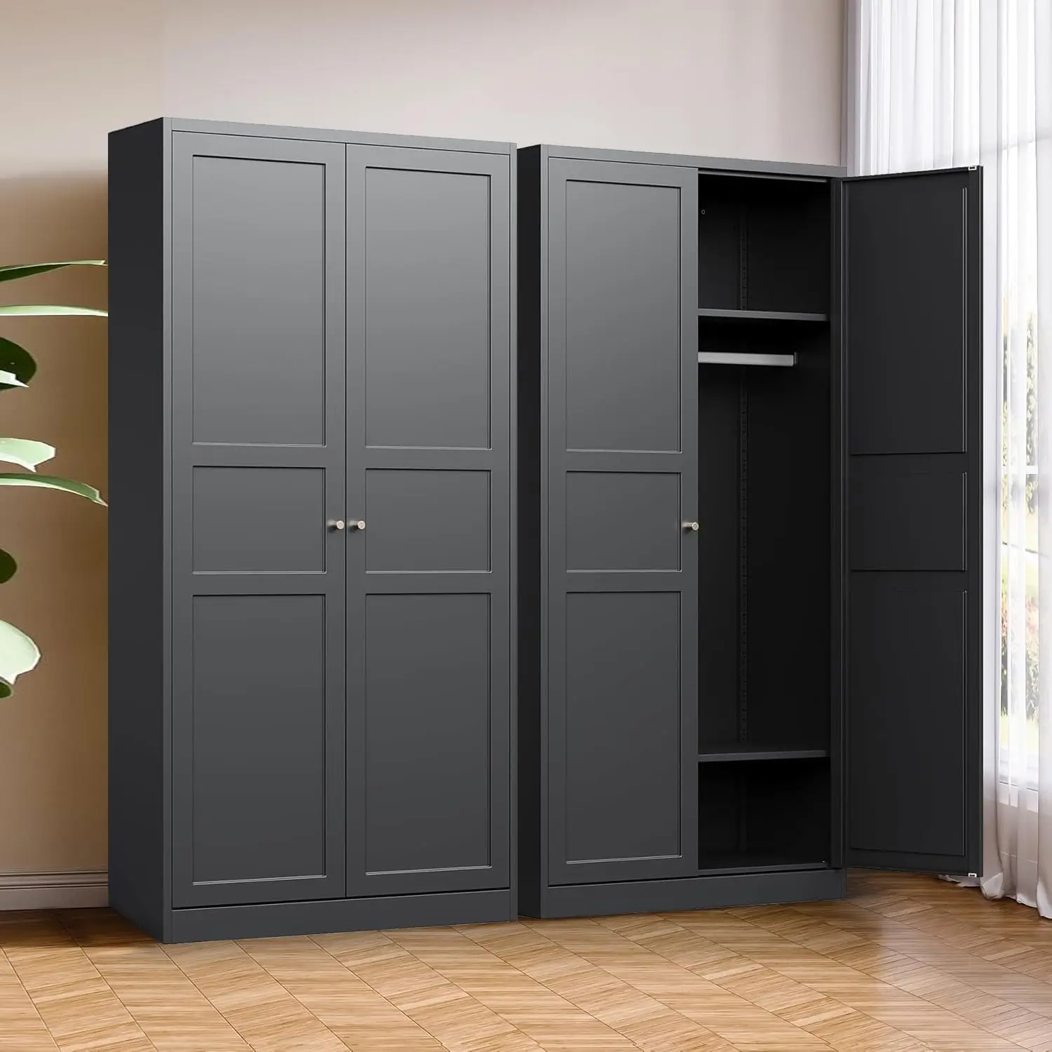 Wardrobe Closet with 2 Doors 72'' Wardrobe Cabinet with Hanging Rail Metal Closet with Adjustable Shelves for Bedr