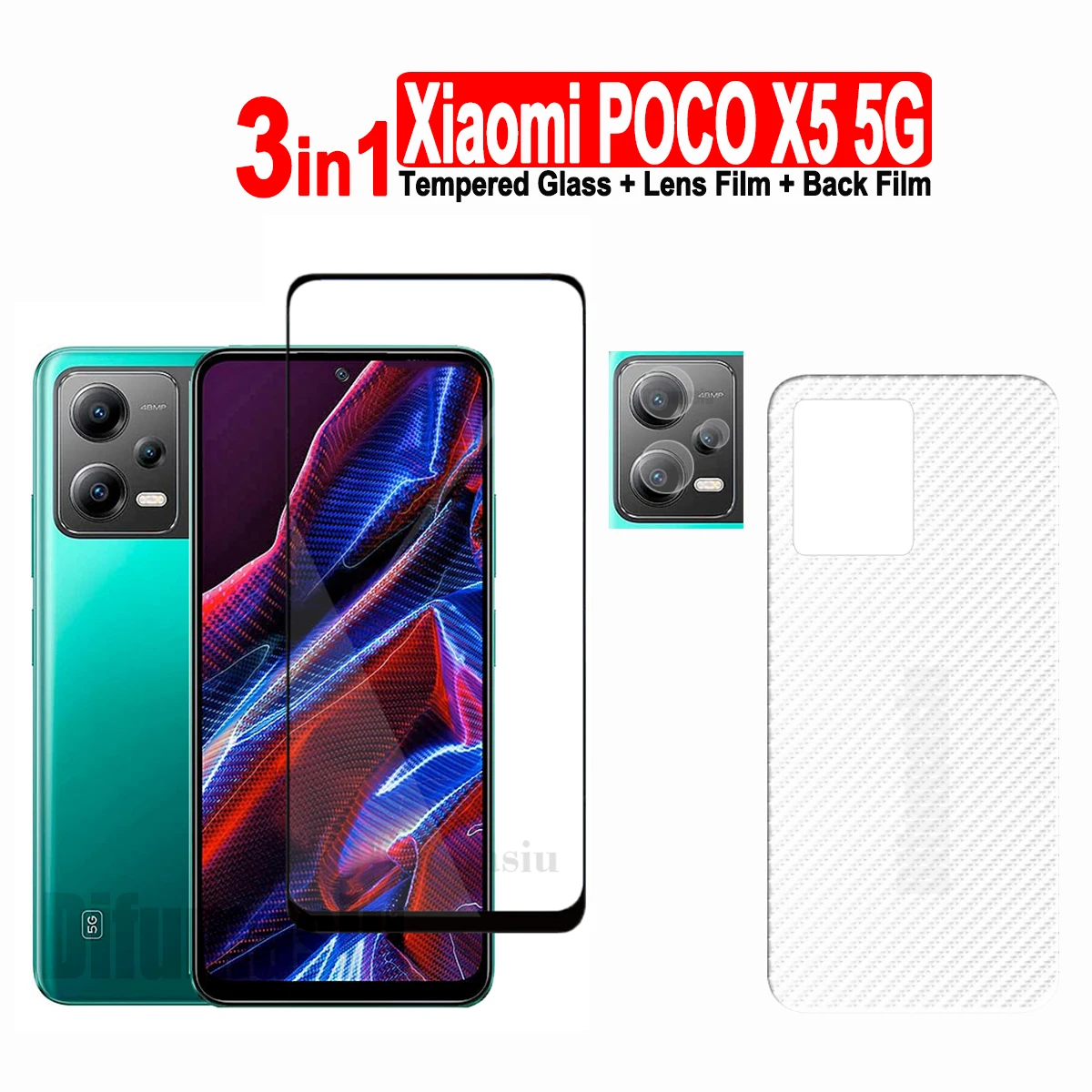 3in1 For Xiaomi POCO X5 5G Screen Protector + Camera Lens Film + Back Film