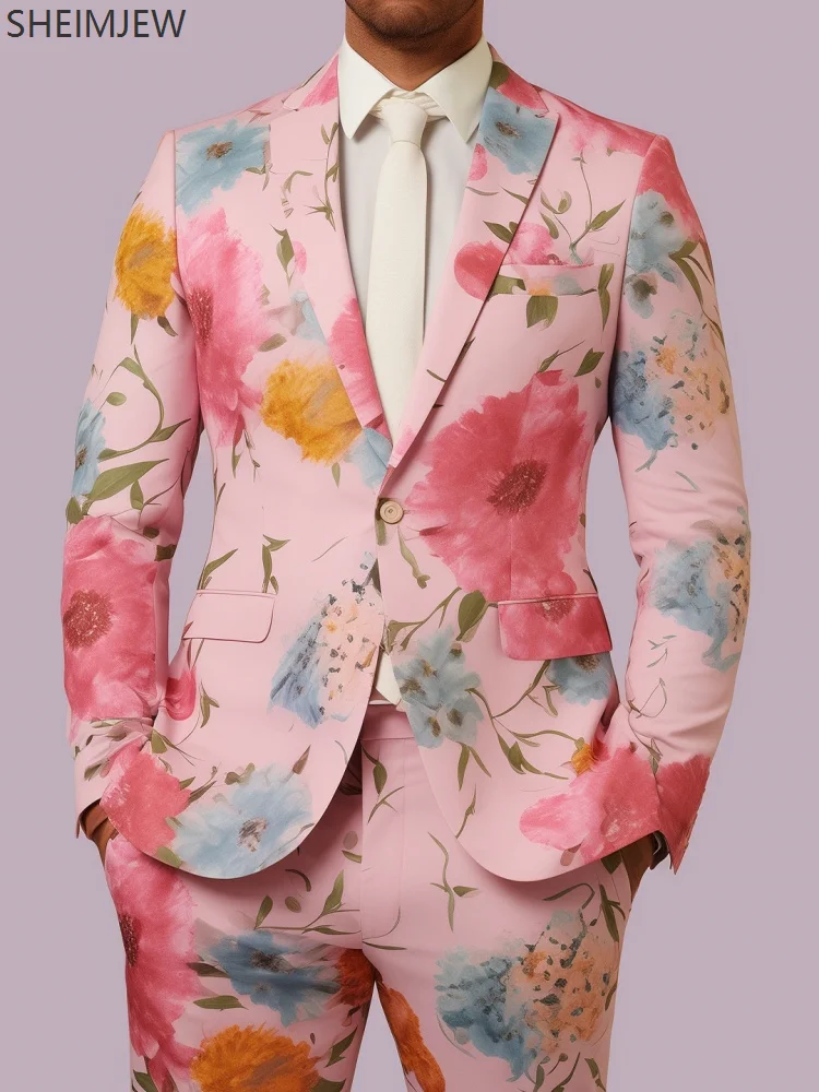 Traje ajustado con flores coloridas para hombre, traje informal con estampado 3d de plantas para boda, chaqueta para el Día de San Valentín, pantalones, conjunto de actuación para fiesta y fiesta