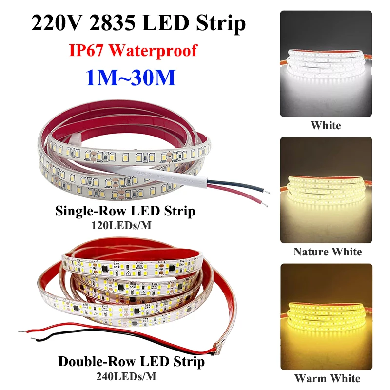 LED Lights Strips AC 220V SMD 2835 Outdoor LED Lights Waterproof 1M-30M AC 220 V LED Strips Self-Adhesive Lights Decor For Room