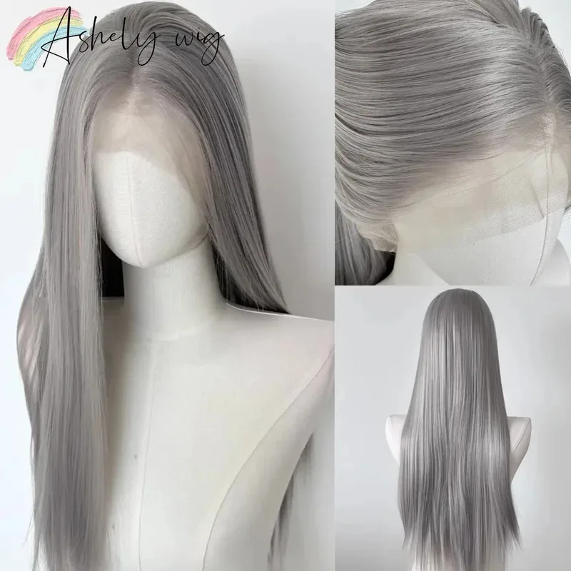 

Gray Wig Short 14inch 13x4 Straight Lace Front Wig for Men Wolf Tail Short Hair High Temperature Fibers Glueless Wigs Cosplay