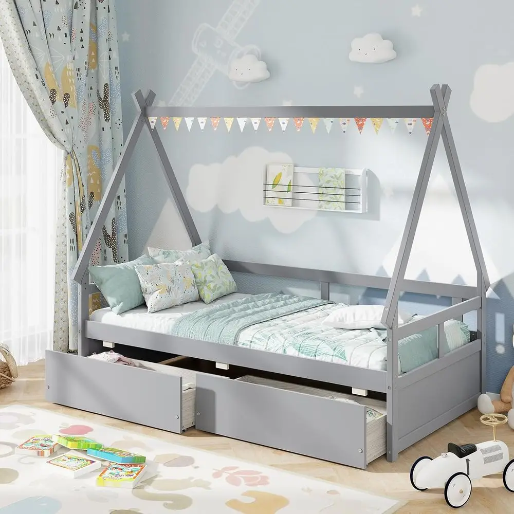 

Grey Montessori Twin Bed with Storage Drawers, Safety Rail, and Wood Slat Support for Kids