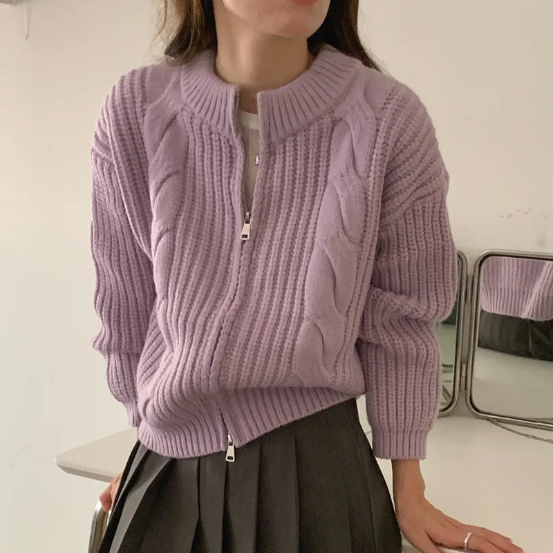 

Soft O Neck Double Zipper Twist Sweater Knit Cardigan Coat Women Fashion Simple Casual Long Sleeve basic Purple Green Knit Coat