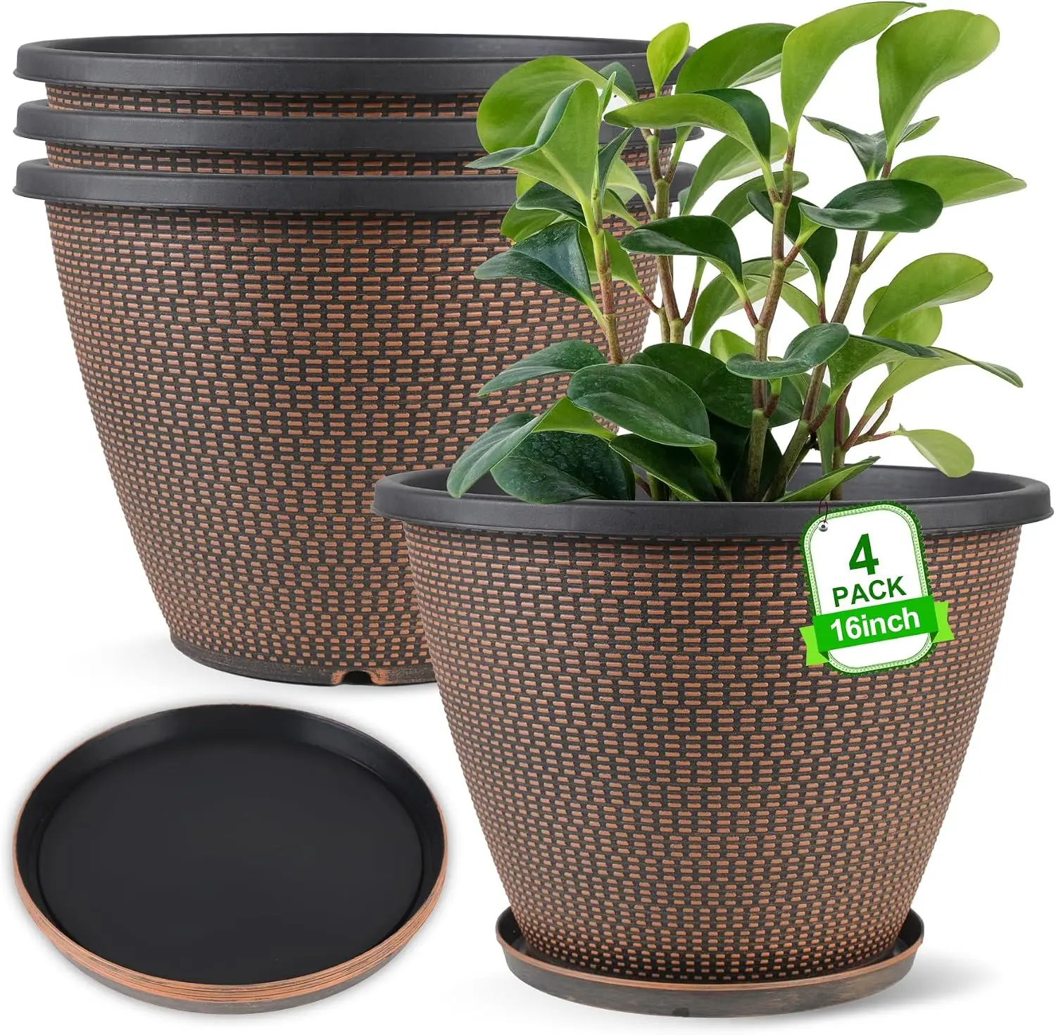 16" Plant Pots Set of 4 with Trays, Large Plastic Planters for Indoor/Outdoor, Black Copper