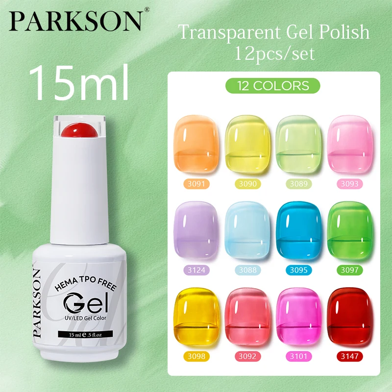 

Набор прозрачных тонированных гель-лаков Parkson, 15 мл, 12 цветов, стойкий, профессиональный, снимаемый гель-лак для маникюра