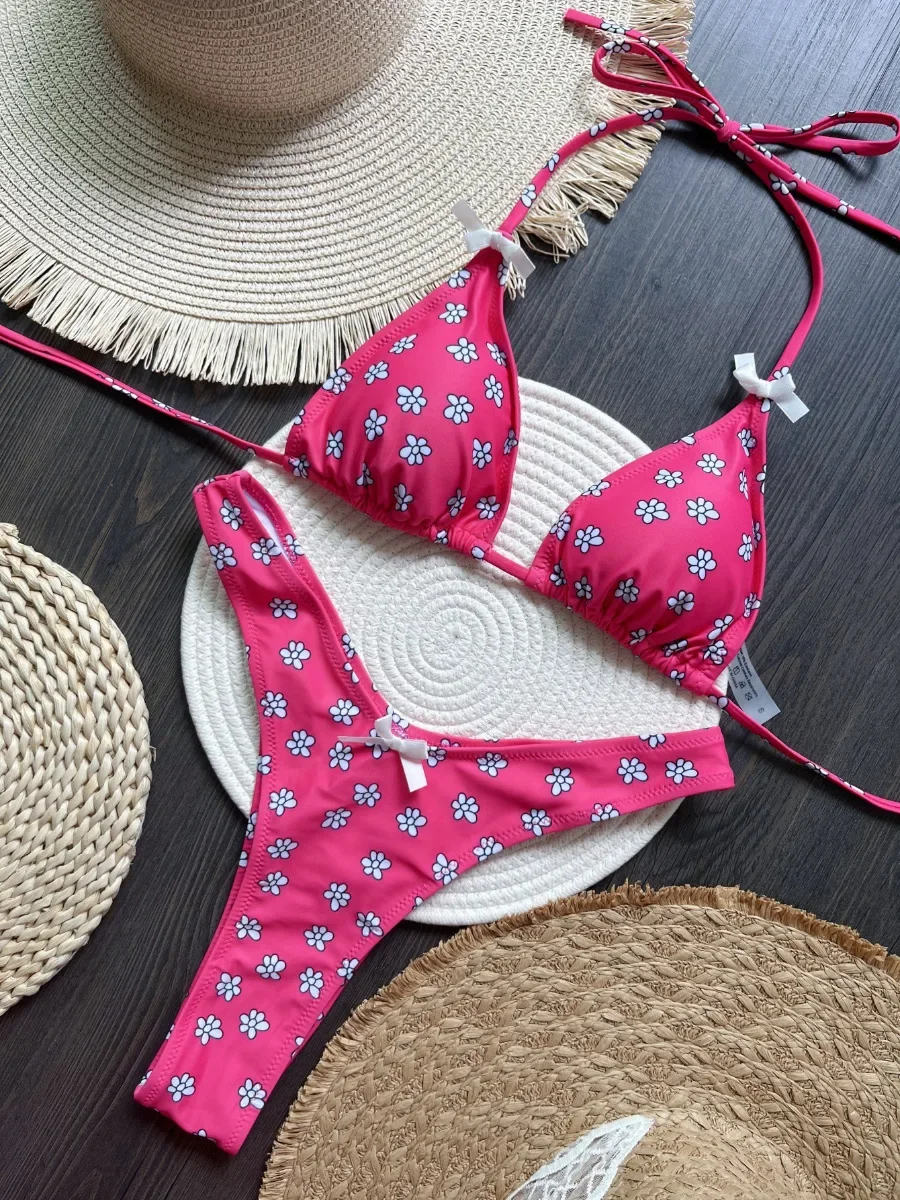 

Swimsuit Women's Rose Red Flower Print Sexy 2 Pieces Bikini Set Triangle Halter Backless Thong Beach Bathing Suit 2025 New Style