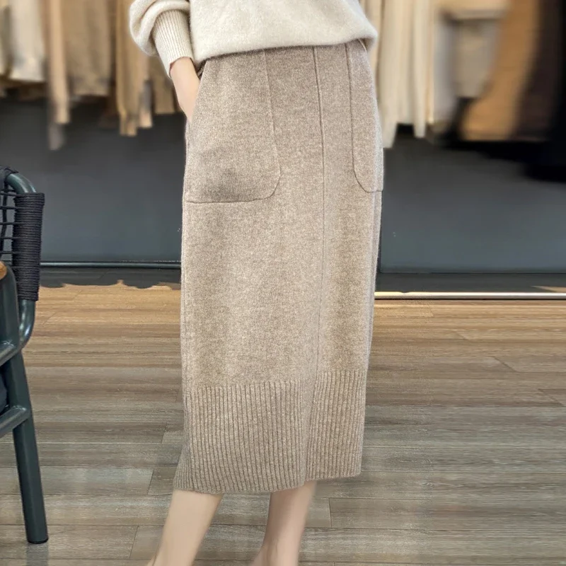 Women\'s Knitted Cashmere Skirt Double Pocket 100% Pure Wool Commuter Joker Straight Skirt for Autumn Winter New