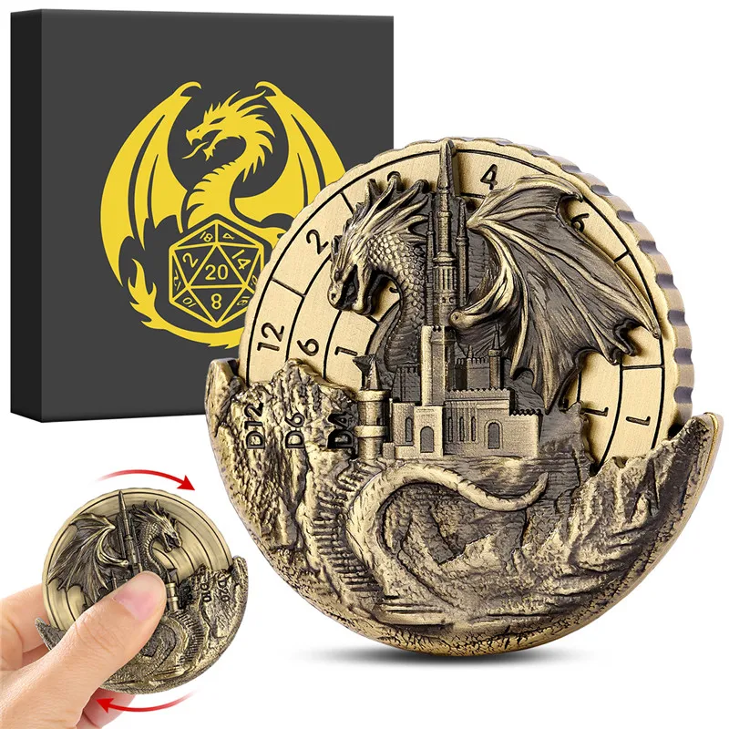 7-in-1 Drache und Schloss Fingerspitzenroulette DND Wheel Dice Spinner Tischplatte Rollenspiel Brettspielzubehör mit Aufbewahrungsbox