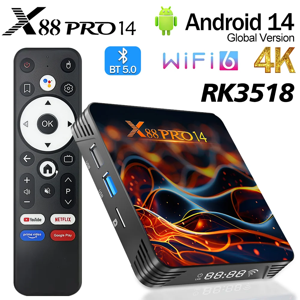 X88 Pro 14 RK3518 Original Android 14 TV Box Quad Core 4K LAN 100M Wifi6 BT 5.0 télécommande vocale lecteur multimédia décodeur