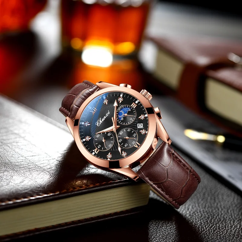 CHENXI 903 Relógio de quartzo masculino elegante cronógrafo fase da lua calendário luminoso pulseira de couro à prova d'água relógios de moda para homens
