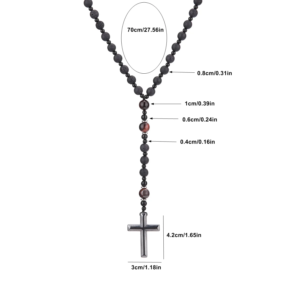 Cool Black Lava Stone Tiger-eye Beads Cross Pendant Long Necklace for Men and Women Rosary