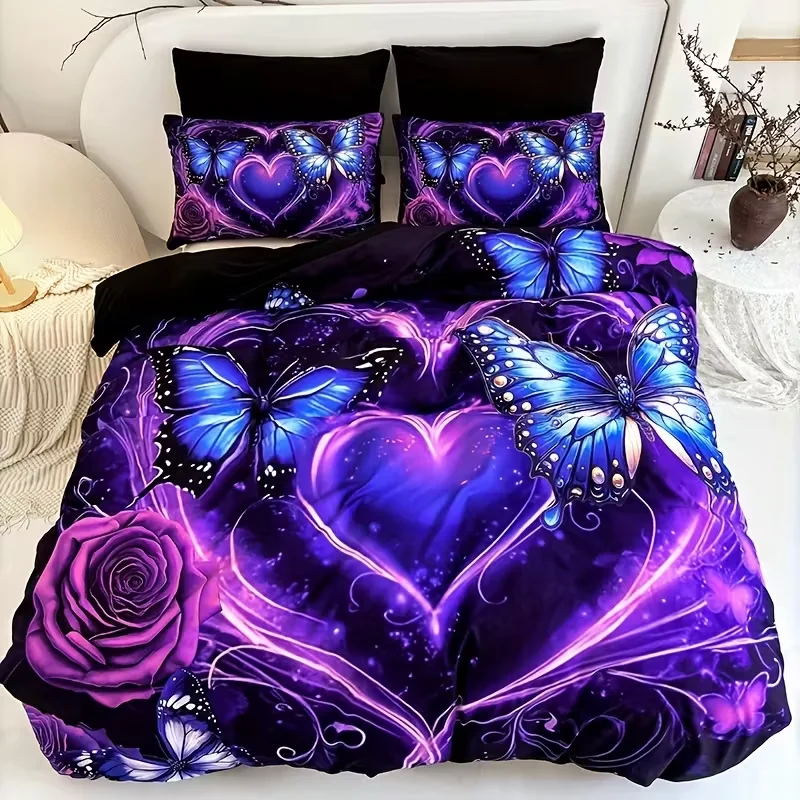 

3pcs Duvet Cover Set Purple Fancy Butterfly Love Flower Dormitory Numerical Code Queen King Size Bedroom Decor