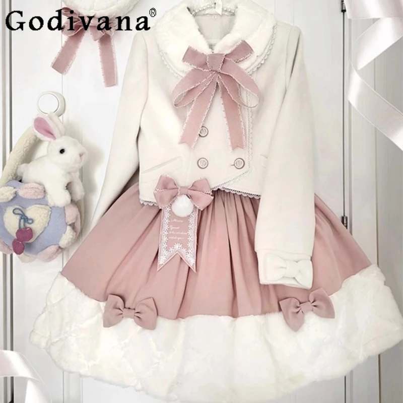 

Pink Cute Sweet Coat and Skirt Lolita Outfit Autumn Winter Women Lolita Skirt Suits for Daily Wear Female Japanese Princess Set