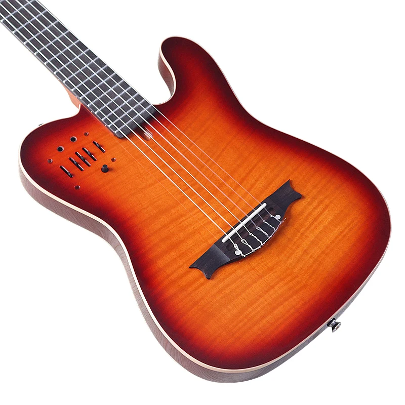 6 String Silent Classical Guitar 39 Inch Flame Maple Top Classic Guitar High Glossy Nylon Strings Sunburst Color