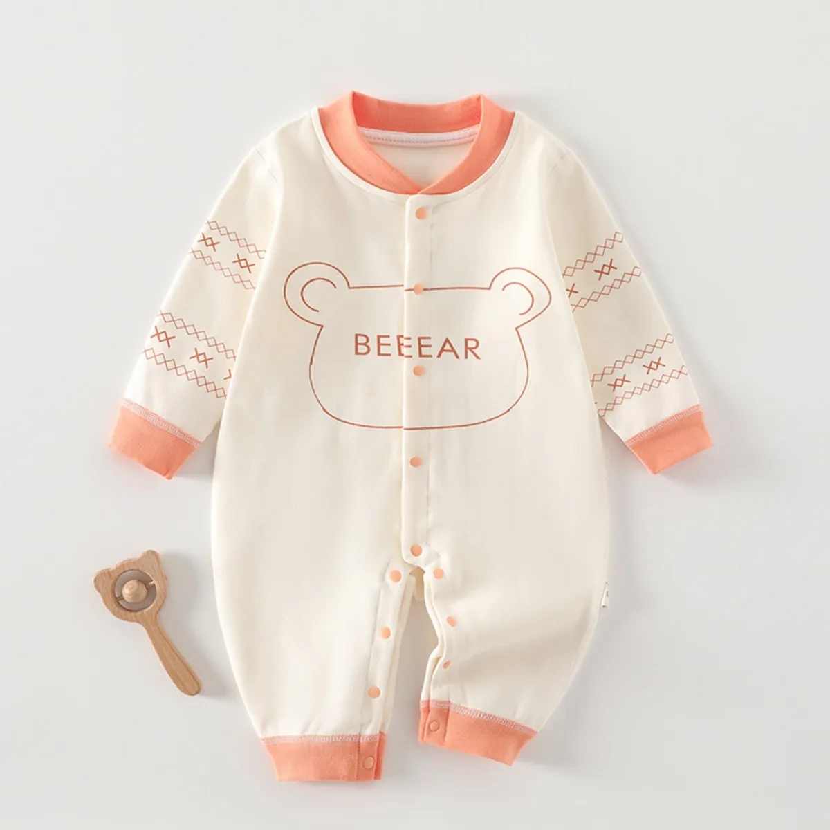 Newborn Baby Cotton Blend Romper Long Sleeve Soft Breathable Bodysuit Cute Bear Print Spring Autumn Onesie for Boys Girls 0-15M