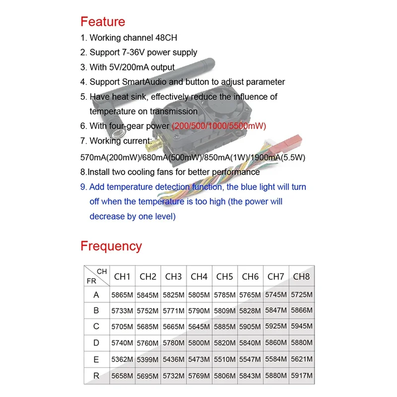 ABSQ-5.8Ghz 5.5W جهاز إرسال الفيديو VTX 48CH 200Mw/500Mw 1000Mw/5500Mw قاذفة الطاقة القابلة للتعديل لطائرة سباق FPV طويلة المدى بدون طيار