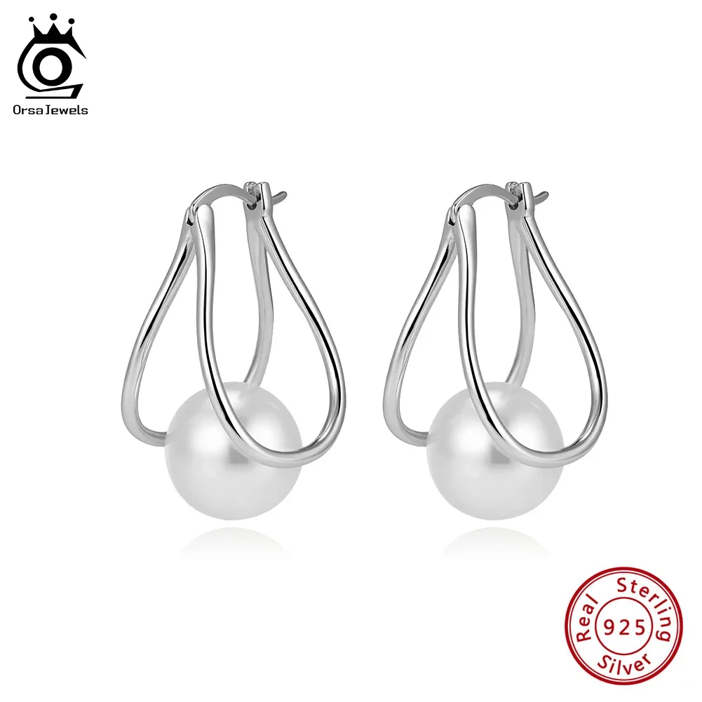 

ORSA JEWELS Vintage Shell Pearl Hoop Dangle Earrings for Women S925 Silver Elegant 12mm Shell Earrings Daily Gift PSE06
