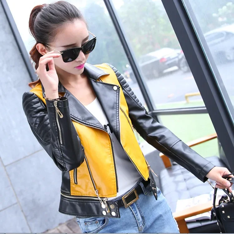 Motorcycle Leather Jacket with Zipper for Women, Moto Biker Coat, Blue, Black, Khaki Clothes, Autumn, 2024