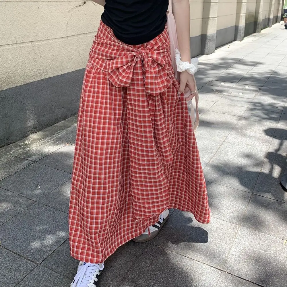 Wedbleser Fashion 2025 Summer New Women Retro High Waist Slimming Stylish Versatile A-line Long Straps Plaid Skirts