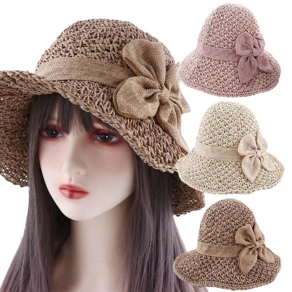 Solid Color Outdoor Visor Caps Anti-UV Sun Hat Bow Bucket Hats Korean Style Cap Women Sun Hat Seaside Straw Hat Shading Hat