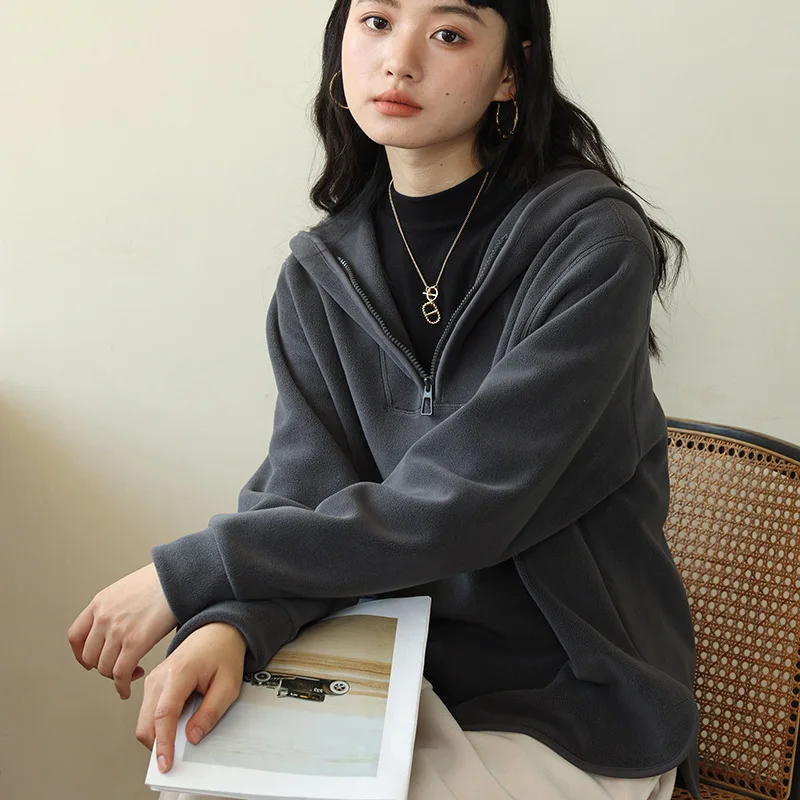 Women's Thickened Long Sleeve Half-Zip Hoodie Casual Autumn Winter Sports Pullover Solid Loose Fashion Hooded Sweatshirt