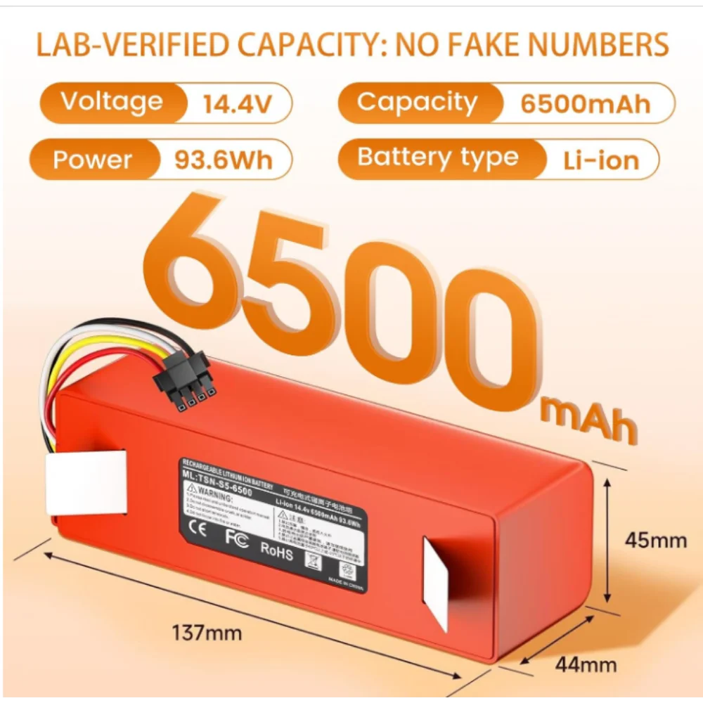 

Rechargeable 14.4V 6500mAh Li-ion Replacement Battery Compatible with Roborock S4/S5/S50/S6/S7/S7 Max/Q5/Q7/Q7 Max Vacuum