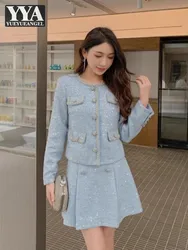 Office Ladies Fashion Elegant Sequined Tweed Short Jacket High Waist A-Line Skirt Two Piece Set Spring New Women Matching Sets