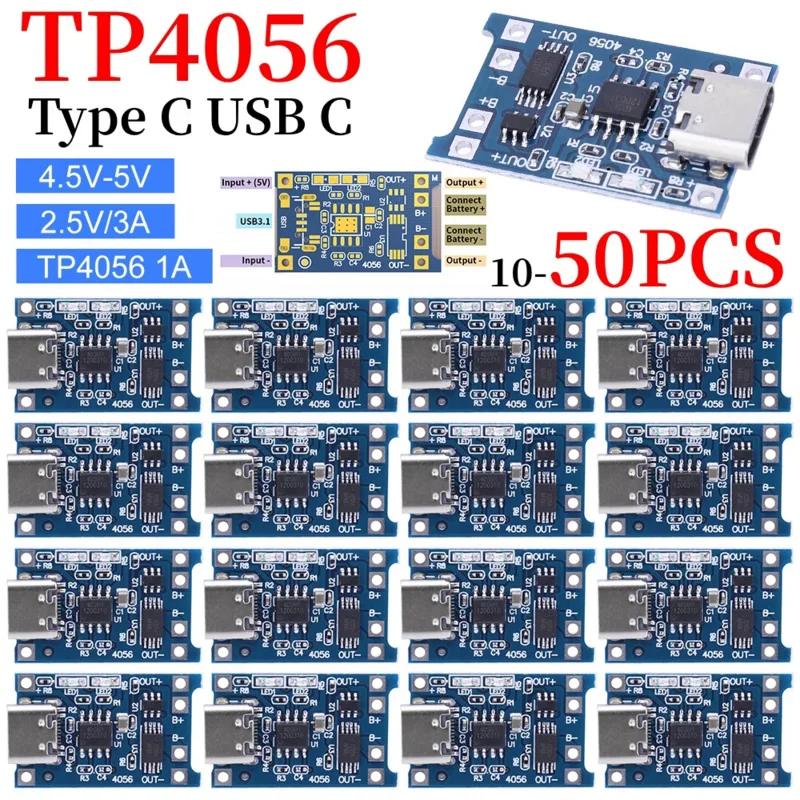 10-50pcs Type-C USB C 5V 1A 18650 tp4056 Lithium Battery Charger Module charging board with protection dual functions