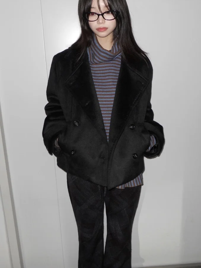 معطف صوفي كوري قديم مع ياقة وزر مزدوج للنساء للتنقل فضفاض مناسب للدفء والارتداء اليومي #5