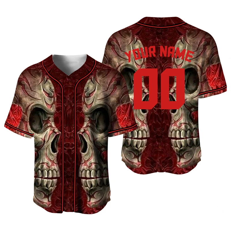 

Red Brown Skeleton Baseball Jerseys Custom Shirt Men Sportwear Cool Design Halloween Plus Size Blouses Hip Hop Tshirt