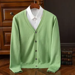 Superfine Merino Cashmere Sweater Knitted Men's Clothing Korean Solid Color Loose V-Neck Cardigan High End Coat Male