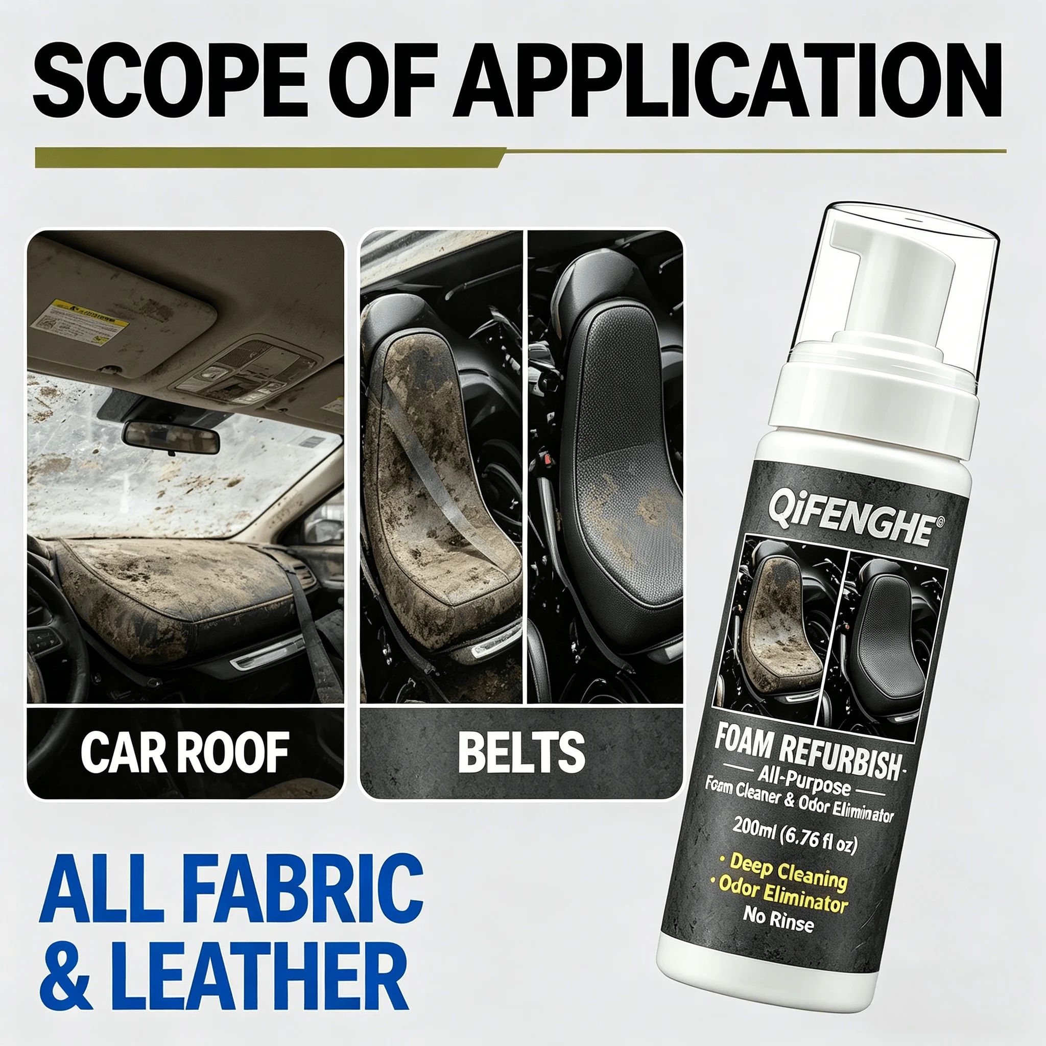 High-Efficiency Auto Foam Cleaner 200ML No Rinse Deodorizing Cleaning Foam with Sponge for Car Leather Plastic Interior Stain Re