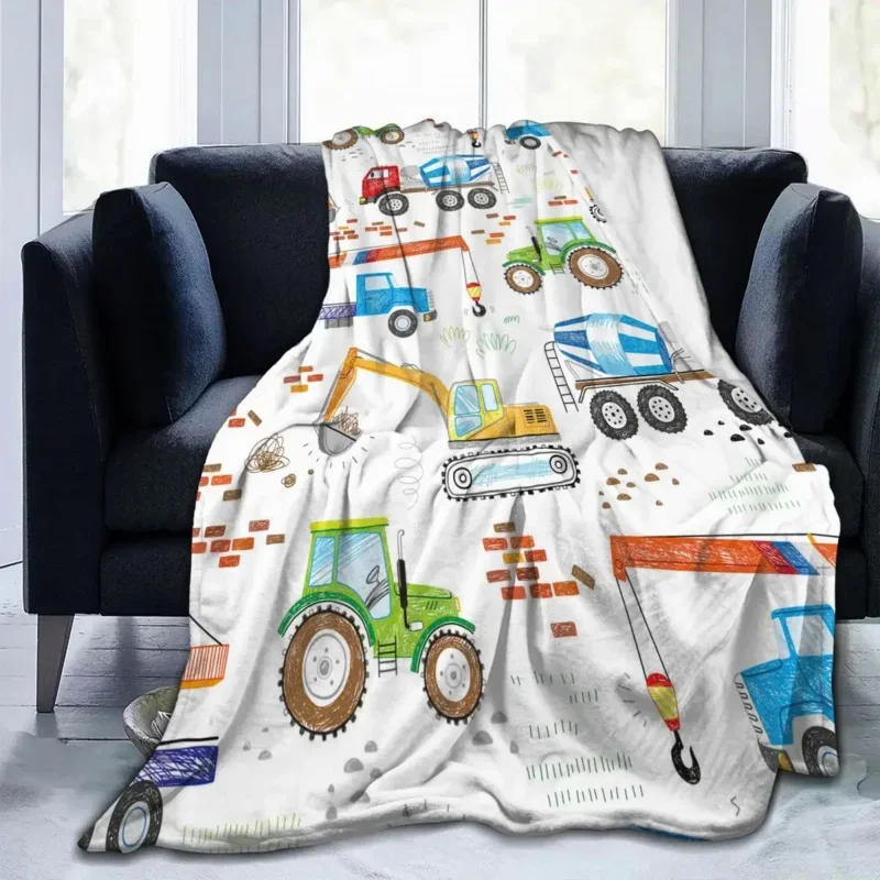 Construction Truck Tractor Excavators Crane Blanket Cover Cute Cartoon Doodle Pattern Wool Throw Blanket Home Soft Warm Bedsprea