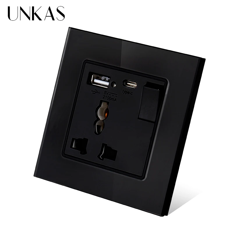 UNKAS 3 Pin Universal Socket With Switch And USB Type C Charging Ports For iPhone Android Tempered Glass Panel