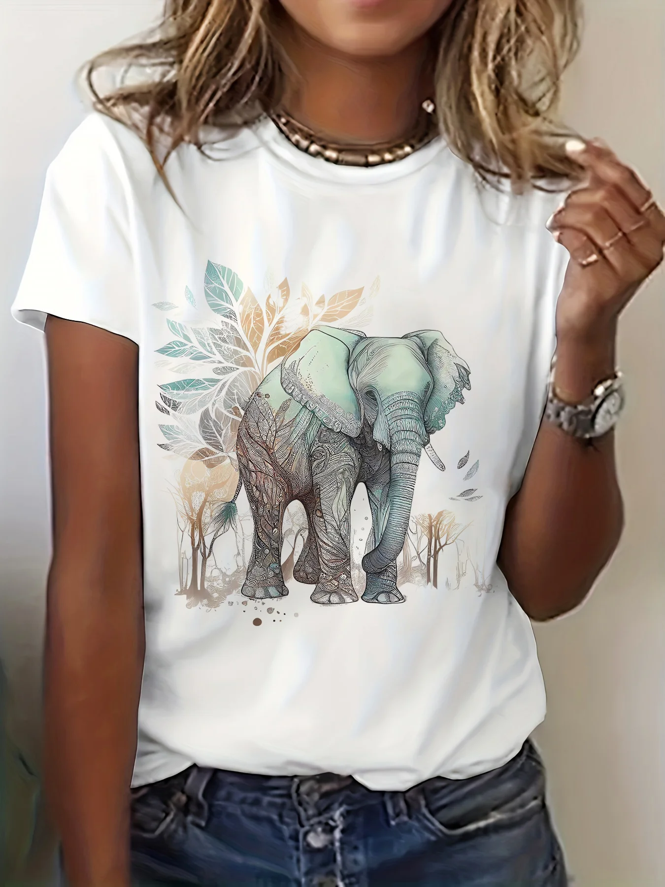Women's Bohemian Style Elephant Pattern T-Shirt, Soft Pastel Animal Print Short Sleeve Round Neck Top, Elephant Gift, Nature-Inspired Design