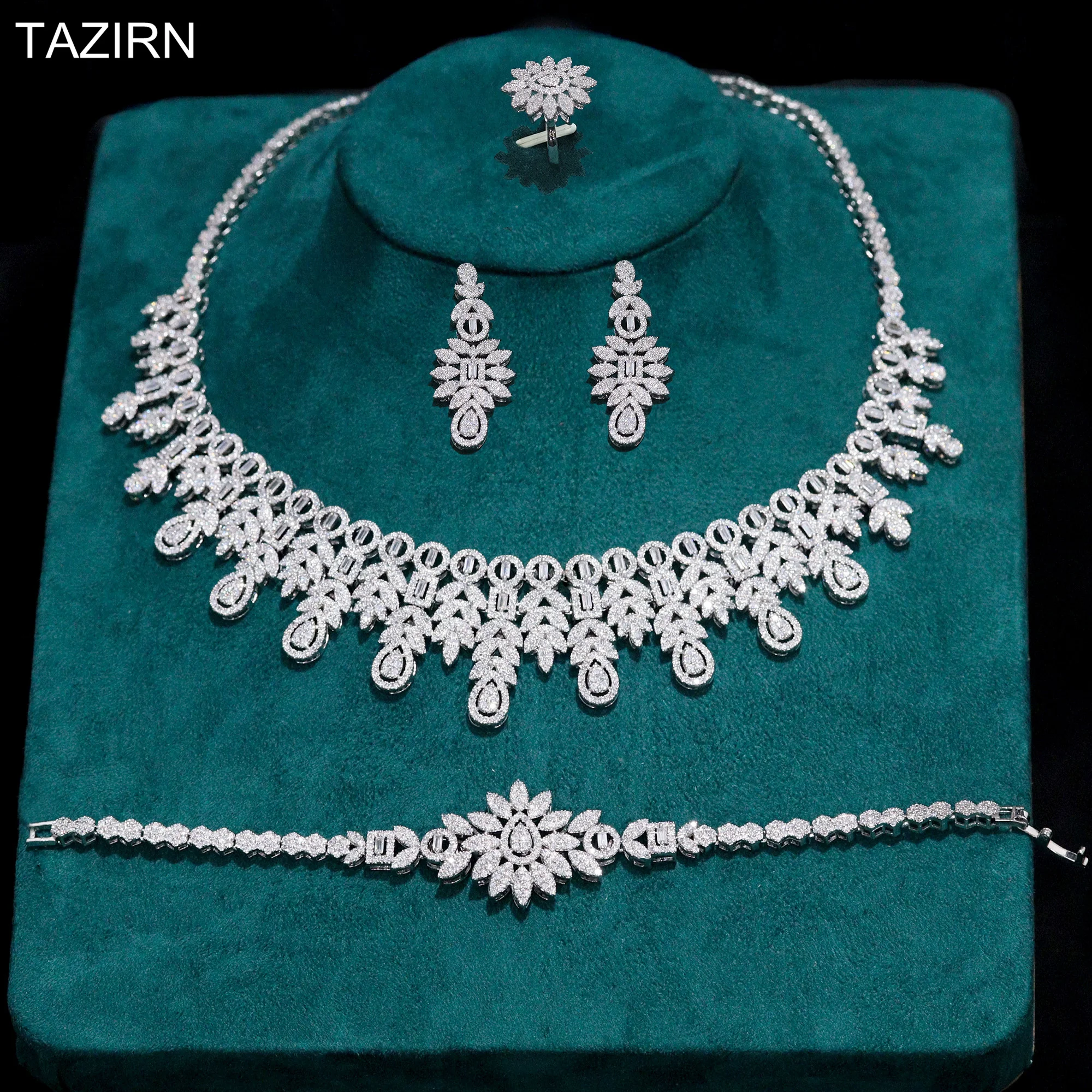 TAZIRN 5A Cubic Zirconia 4PCS Wedding Jewelry Set for Arabic Dubai Women Prom Party Anniversary CZ Bridal Jewelry Accessories