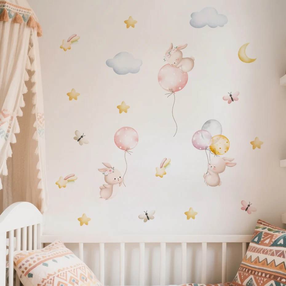 

Cartoon Cute Pink Bunny Balloon Butterfly Watercolor Wall Sticker Child Room Girls Room Decal Kids Baby Room Bedroom Home Decor